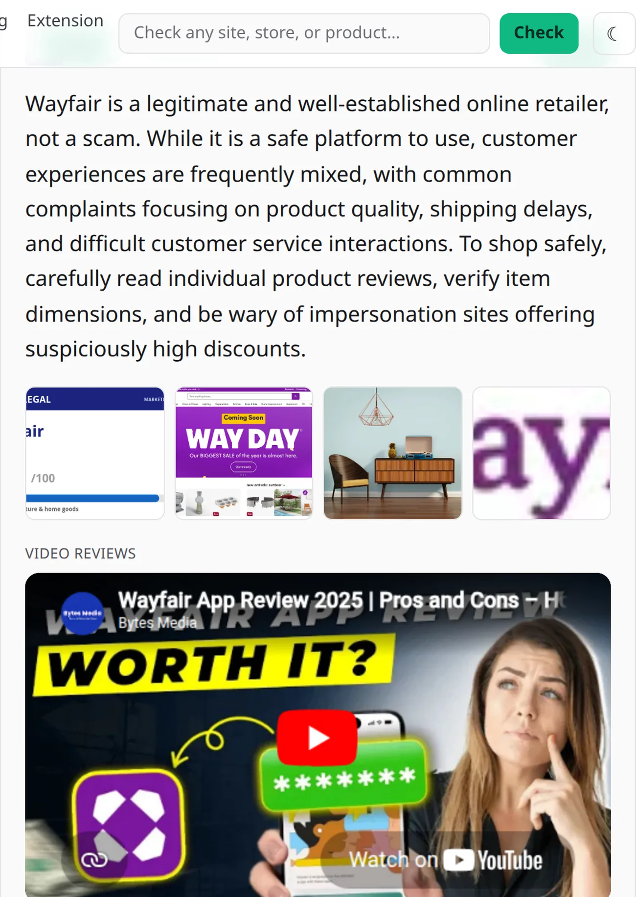 Example HasTrust assessment page showing a trust score, safety checks and third-party ratings
